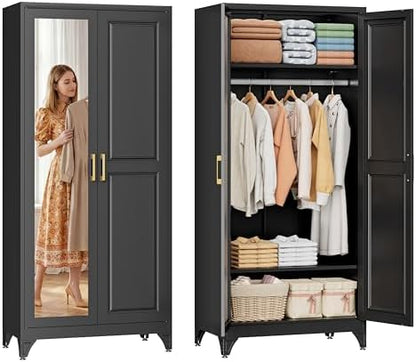 SteeLoong 71”Armoire Wardrobe Close,Black Wardrobe Cabinet with Mirror Door
