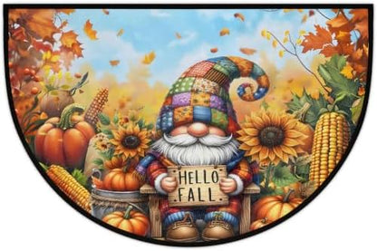 Gnome Autumn Half Round Door Mat Non Slip Washable Semi Circle Area Rug Absorbent Soft Half Moon Rug Floor Mat for Indoor Outdoor Kitchen Bathroom Patio Front Door Mat Decor