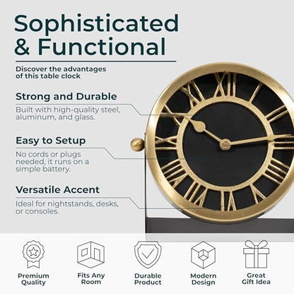 Metal Table Clock for Living Room Decor - Desk Clock for Office Desk, Study Room, Living Room, Mantel or Table Styling - Small Home Decor for Shelf or Tabletop Display - 7", Gold & Black