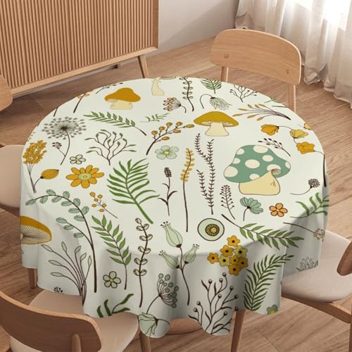 Wild Mushroom Tablecloth, Vintage Botanical Rustic Wildflower Herbs Plants Green Mushroom Table Cloth for Farmhouse Kitchen Dinning Room Picnic Parties Home Decor, 70x70in