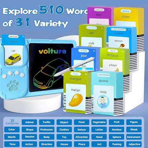 Talking Flash Cards with Writing Tablet - French English, Blue