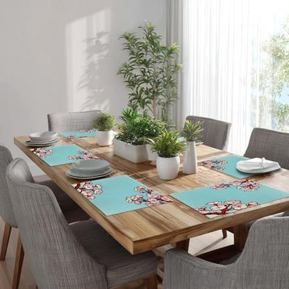 Batmerry Shabby Chic Cherry Blossom Linen Placemats Set of 8, Red Black Cherry Branch Washable Table Mats for Kitchen Table Thickened Heat Insulation Dining Set Indoor Outdoor 12X18 in