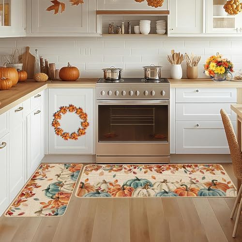 Baccessor Fall Kitchen Rugs Set of 2, Blue Pumpkin Leaves Kitchen Mats for Floor Washable Low-Profile Farmhouse Autumn Holiday Home Indoor Outdoor Decor 17x29 and 17x47 Inch