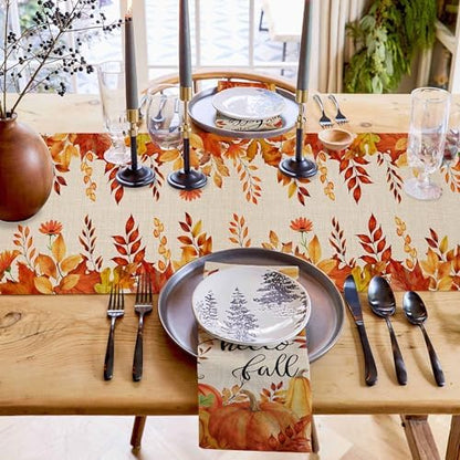 Fall Pumpkin Table Runner Dresser Scarf 13 x 72 Inch Harvest Orange Maple Leaves Table Runners Non-Slip Heat Resistant Kitchen Dining Table Decor for Autumn Thanksgiving Holidays Indoor Outdoor