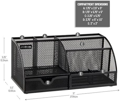 Mind Reader 7-Compartment Desktop Organizer, Metal Mesh Desk Organizer for Pens, Sticky Notes, Mail and Office Supplies, Black