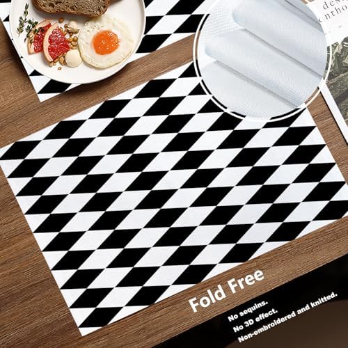 Batmerry Black White Diamond Linen Placemats Set of 4, Art Black and White Harlequin Washable Table Mats for Kitchen Table Thickened Heat Insulation Dining Set Indoor Outdoor 12X18 in