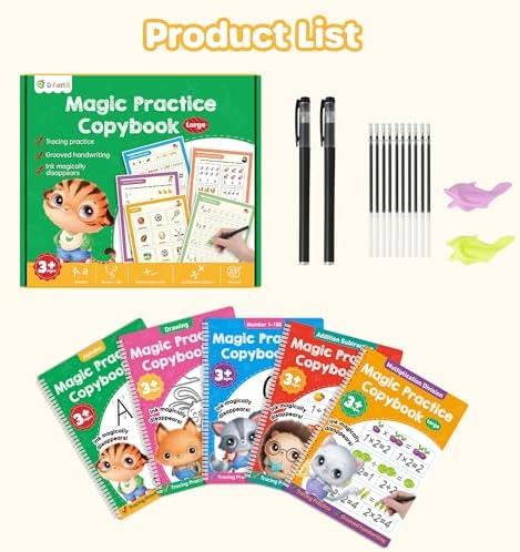 Large Magic Grooved Practice Copybook 5 Pack with Pens, Reusable Children's Magic Copybooks, Magical Handwriting Workbooks Number Letter Tracing for Kids Age 3-8 Kindergarten Preschool Calligraphy