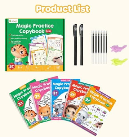 Large Magic Grooved Practice Copybook 5 Pack with Pens, Reusable Children's Magic Copybooks, Magical Handwriting Workbooks Number Letter Tracing for Kids Age 3-8 Kindergarten Preschool Calligraphy