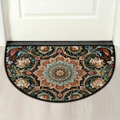 Boho Flower Half Round Door Mat Non Slip Washable Semi Circle Area Rug Absorbent Soft Half Moon Rug Floor Mat for Indoor Outdoor Kitchen Bathroom Patio Front Door Mat Decor