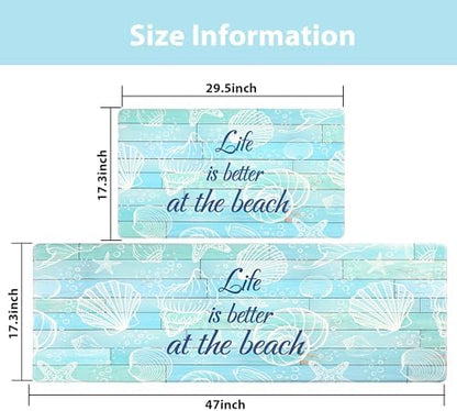 Beach Kitchen Mats for Floor Coastal Kitchen Rugs Cushioned Anti Fatigue Mats for Sink, Stove, Desk, Laundry,17"x30"+17"x47", Blue