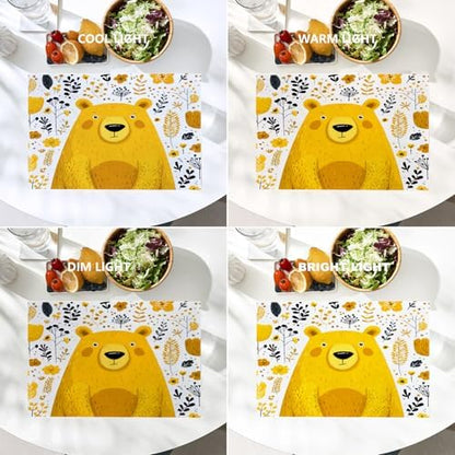 Batmerry Cute The Bear in Mineral Yellow Linen Placemats Set of 4, Floral Background Washable Table Mats for Kitchen Table Thickened Heat Insulation Dining Set Indoor Outdoor 12X18 in