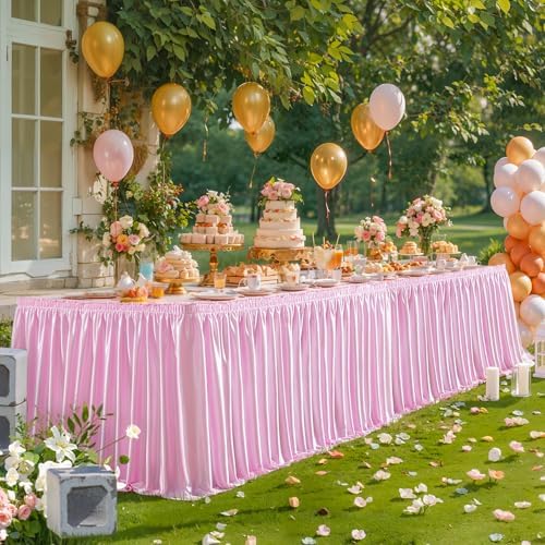 Wish Care 9ft Pink Satin Table Skirt for Rectangle Tables Wrinkle Free Teacher Desk Skirt Glitter Ruffle Table Skirting Cloth for Back to School Classroom Office Dorm Girls Birthday Party Table Decor