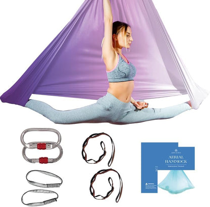 Aerial Silk Yoga Hammock & Swing for Home, Inversion Exercises, Starter Kit for All Levels - Durable with Extension Straps, Carabiners, and Pose Guide