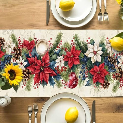 Christmas Poinsettia Table Runner Dresser Scarf 13 x 72 Inch Red Flower Holly Berries Xmas Ball Beige Table Runners Non-Slip Heat Resistant Kitchen Dining Table Decor for Home Holidays Indoor Outdoor