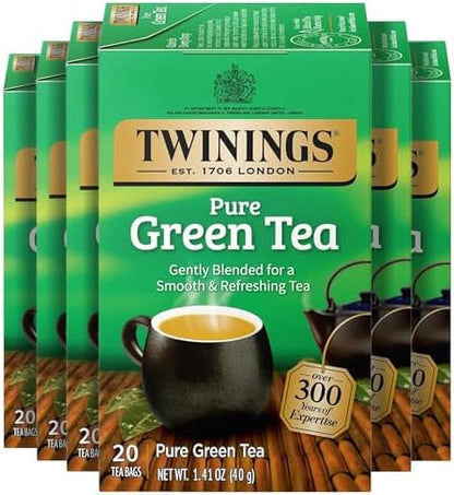 Twinings Pure Green Tea, Caffeinated, Tea Bags, 20 CT Box (6 Pack)