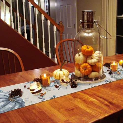 Fall Pumpkin Table Runner Dresser Scarf 13 x 72 Inch White Blue Leaves Rustic Table Runners Non-Slip Heat Resistant Kitchen Dining Table Decor for Autumn Thanksgiving Holidays Indoor Outdoor