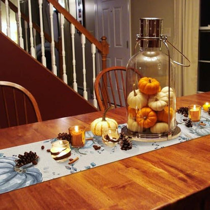 Fall Pumpkin Table Runner Dresser Scarf 13 x 72 Inch White Blue Leaves Rustic Table Runners Non-Slip Heat Resistant Kitchen Dining Table Decor for Autumn Thanksgiving Holidays Indoor Outdoor
