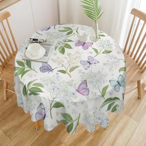 Butterfly Floral Tablecloth, Spring Summer Watercolor Flowers Plants Leaves Print Table Cover for Party Picnic Dinner Decor, 60x60in