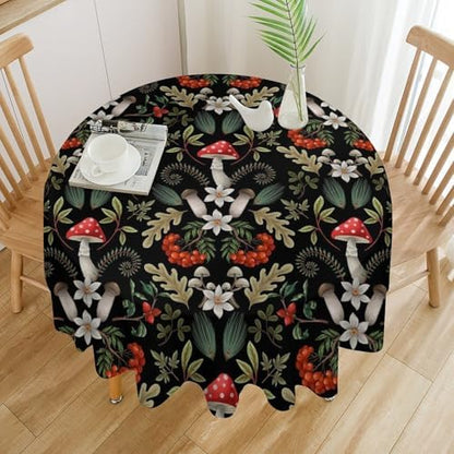 Autumn Mushroom Tablecloth, Rustic Vintage Farmhouse Mushrooms Fern Berries Leaves Botanical Print Table Cover for Outdoor Party Picnic Kitchen Dinning Table Decor, 36x36in