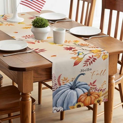 Fall Table Runner Hello Fall Pumpkin Table Runners Harvest Thanksgiving Maple Leaves Sunflower Bird Cotton Linen Dresser Scarf Kitchen Dining Table Decor for Autumn Holiday Party Coffee 13x120 Inch