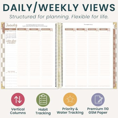 bloom daily planners 2027 Hardcover Goal & Vision Planner (January - December 2027) - Monthly & Weekly Calendar Year Agenda Organizer - 7.5" x 9" - Checkered, Café