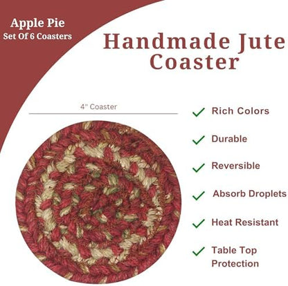 Homespice Apple Pie Braided Coasters for Country Decor, Round 4" Set of 6