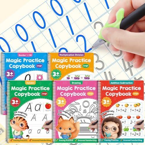 Large Magic Grooved Practice Copybook 5 Pack with Pens, Reusable Children's Magic Copybooks, Magical Handwriting Workbooks Number Letter Tracing for Kids Age 3-8 Kindergarten Preschool Calligraphy