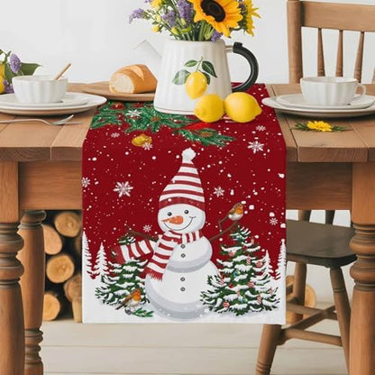 Christmas Cartoon Snowman Table Runner Dresser Scarf 13 x 108 Inch Holly Bird Pine Tree Snow Red Table Runners Non-Slip Heat Resistant Kitchen Dining Table Decor for Winter Holidays Indoor Outdoor