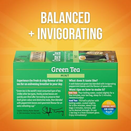 Twinings Green Tea with Mint, Caffeinated Tea Bags, 20 CT Box (1 Pack)