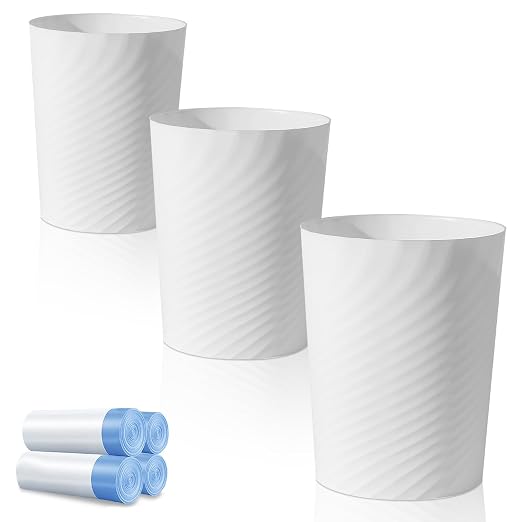 UUJOLY Bathroom Small Trash Can with Trash Bag Plastic Garbage Can Round Waste Basket for Bathrooms, Laundry Room, Kitchens, Offices, Kids Rooms, Dorms, 1.8 Gallons, 3 Pack (White)