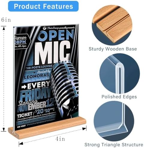 Kersally Acrylic Sign Holder 4 x 6, 4 Pack Double-Sided Clear Table Display Stands with Wood Base,Vertical Acrylic Frame Menu Flyer Paper Holder for Stores, Restaurants, Hotels, Office, Show Fair