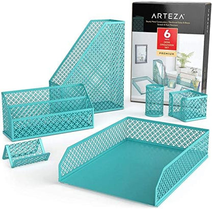 ARTEZA 6-Piece Teal Desk Accessories Set, Essential Desktop Organizer for Home Office, Includes Paper Organizer, Pencil Holder, Letter Sorter & More, Teal Office Supplies