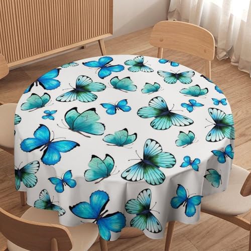 Blue Butterfly Tablecloth, Cute Animal Green Teal Butterfly Fantasy Wings Print Table Cover for Home Kitchen Outdoor Party Picnic Wedding Decor, 70x70in