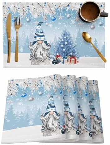 Christmas Gnome Placemats Set of 4, Winter Merry Christmas Tree Balls Heat Resistant Washable Table Place Mats Blue Cotton Table Linens Party Holiday Decor for Kitchen Dining Outdoor Indoor