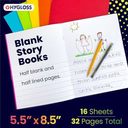 Hygloss Half Blank Books for Kids to Write Stories & Illustrate – Bulk 100 Pack – 5.5" x 8.5" A5 Primary Journal for Grades K-2, Preschool/Kindergarten Notebook with Picture Space – 24 Pages, Colored