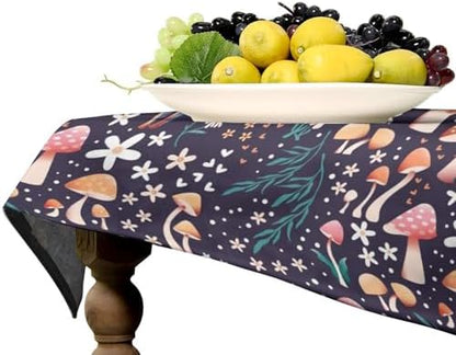 Retro Mushroom Tablecloth, Cartoon Forest Mushroom Florals Leaves Woodland Garden Table Cloth for Kitchen Dining Coffee Table Outdoor Party Decor 60x90in