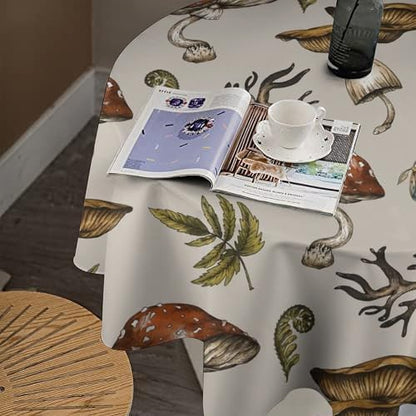Vintage Woodland Mushroom Tablecloth, Nature Forest Plants Botanical Ferns Print Table Cloth for Farmhouse Kitchen Party Picnic Dinner Decor, 70x70in