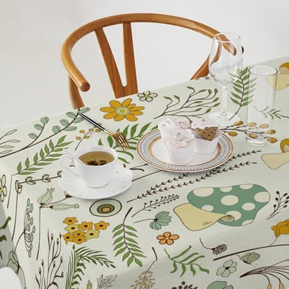Wild Mushroom Tablecloth, Vintage Botanical Rustic Wildflower Herbs Plants Green Mushroom Table Cloth for Farmhouse Kitchen Dinning Room Picnic Parties Home Decor 55x75in