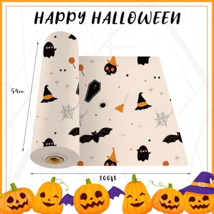 CXPSINC 54 Inch X 100 Feet Plastic Table Cover Roll Disposable Halloween Tablecloth with Slide Cutter Ghost Bat Plistic Table Covers for Halloween Party Decorations(Halloween Beige, 100 Feet)