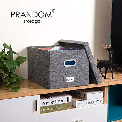 PRANDOM File Organizer Box - Set of 1 Collapsible Decorative Linen Filing Storage Hanging File Folders with Lids Office Cabinet Letter/Legal Size Grey (17x14x11.2 inch)