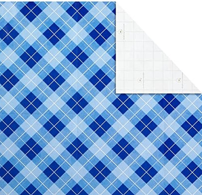 Hallmark Recyclable Flat Wrapping Paper Sheets with Cutlines on Reverse (12 Folded Sheets with Sticker Gift Tags) Winter Blue Plaid, Trees, Navy Blue, Light Blue, White, Gray (0005EW 1016) (Pack of 2)