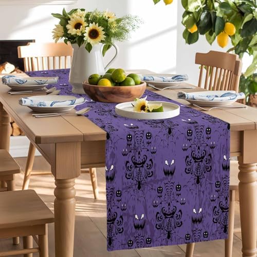 Halloween Haunted Table Runner Dresser Scarf 13 x 60 Inch Purple Black Ghost House Mansion Table Runners Non-Slip Heat Resistant Kitchen Dining Table Decor for Halloween Holidays Indoor Outdoor