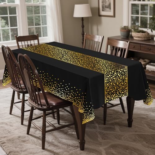 CXPSINC 54 Inch X 300 Feet Plastic Table Cover Roll Disposable Tablecloth with Slide Cutter for All Type/Shape Tables | Party, Banquet, Birthdays, Weddings(Black Golden Dot, 300 Feet)