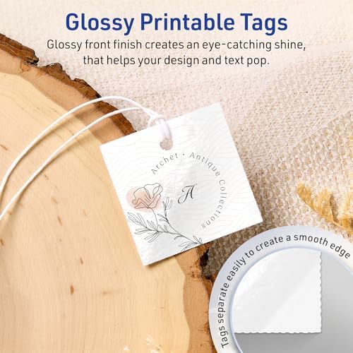 Avery® Printable Square Tags, Sure Feed® Technology, 1-1/2" x 1-1/2", Glossy White Cardstock, Print-To-The-Edge, Laser/Inkjet Printable, 200 Total, Great for Custom Gift or Branding Tags