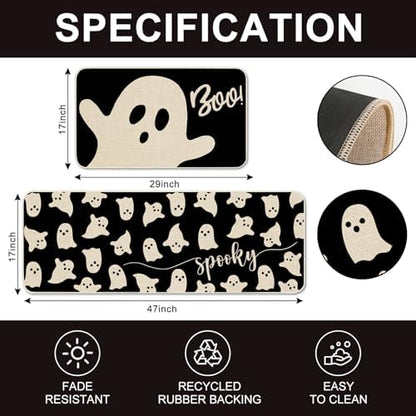 JarThenaAMCS Halloween Ghost Kitchen Mat Set of 2 Black Spooky Ghost Boo Kitchen Floor Mats Cute Non-Slip Door Rugs for Halloween Party Home Bathroom Entrance