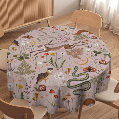 Rustic Forest Tablecloth, Pink Woodland Wild Animal Hare Squirrel Owl Snail Flowers Mushroom Table Cloth for Home Kitchen Dining Outdoor Patio Wedding Decor, 70x70in