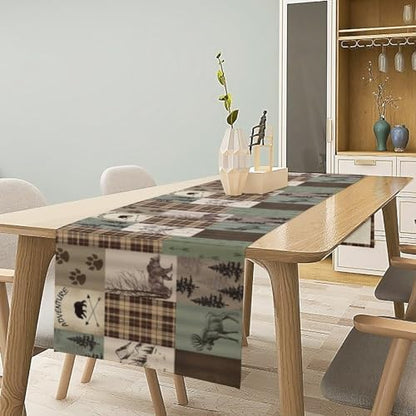 Rustic Moose Deer Bear Table Runner, Retro Vintage Bear Cottage Country Style Cabin Farmhouse Dinner Runner for Home Kitchen Dining Table Decoration 13"x70"