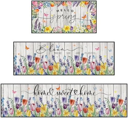 Hello Spring Kitchen Rugs, Tulip Lavender Floral Kitchen Mats