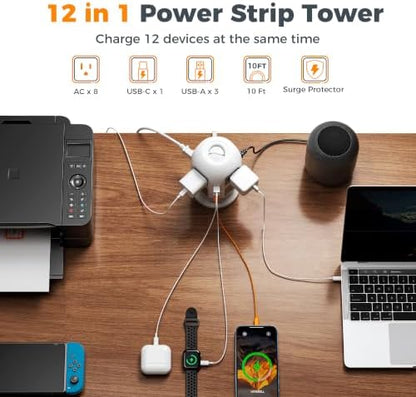 TESSAN Tower Surge Protector Power Strip, 10 ft Long Flat Extension Cord