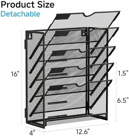 Lavatino 6-Tier Hanging File Organizer, Wall Mount File Holder for Mails Folders Papers Magazine Organization, Vertical Document Organizer for Office Home - Black
